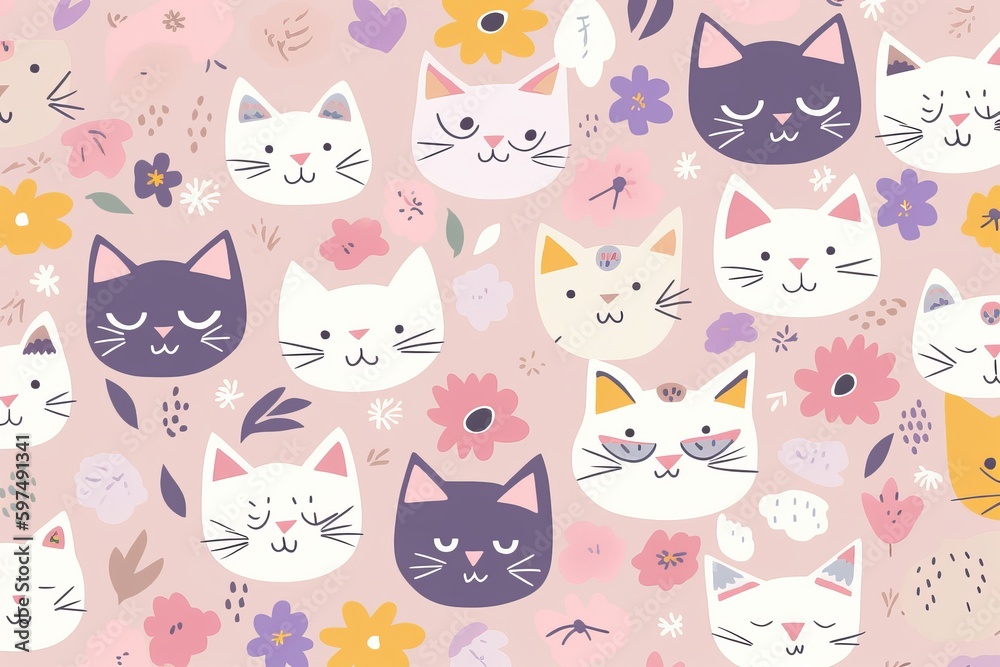 An enchanting seamless pattern that celebrates the irresistible cuteness of cat faces. The pattern showcases a variety of stylized cat faces, each one featuring big round eyes, Generative AI An enchanting seamless pattern that celebrates the irresistible cuteness of cat faces. The pattern showcases a variety of stylized cat faces, each one featuring big round eyes, Generative AI