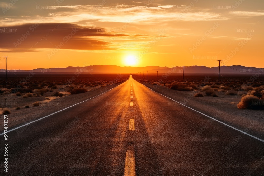 A lonely straight road in the American landscape at sunset created with generative AI technology. - obrazy, fototapety, plakaty 