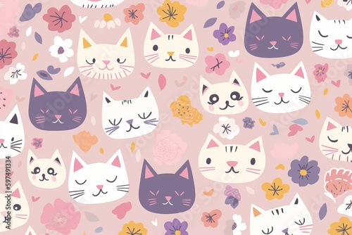 An enchanting seamless pattern that celebrates the irresistible cuteness of cat faces. The pattern showcases a variety of stylized cat faces, seamless pattern with cats pink background, Generative AI
