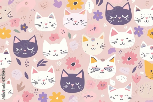 An enchanting seamless pattern that celebrates the irresistible cuteness of cat faces. The pattern showcases a variety of stylized cat faces, each one featuring big round eyes, Generative AI