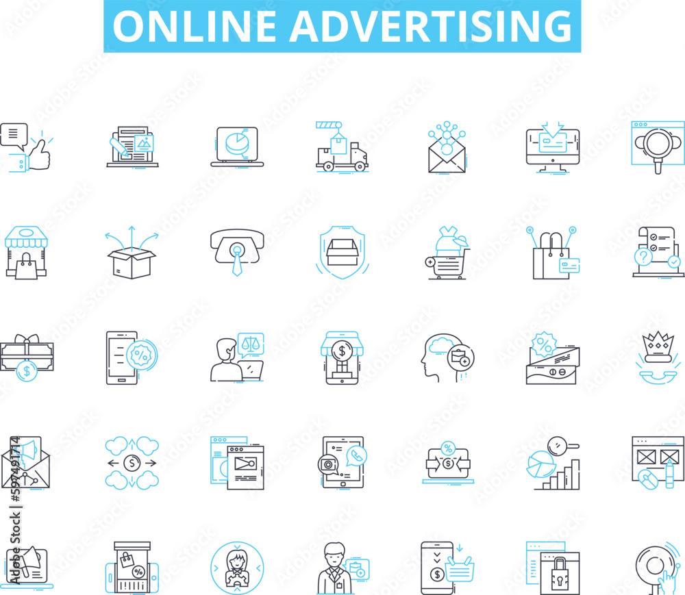 Online advertising linear icons set. PPC, Impressions, Clicks, CTR, Analytics, Banners, Retargeting line vector and concept signs. Conversion,Keywords,SEO outline illustrations Generative AI
