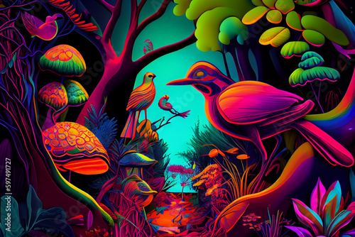 DMT visual imagery  mystical fantasy forest landscape  concept of psychedelics  shamanism and hallucinogens
