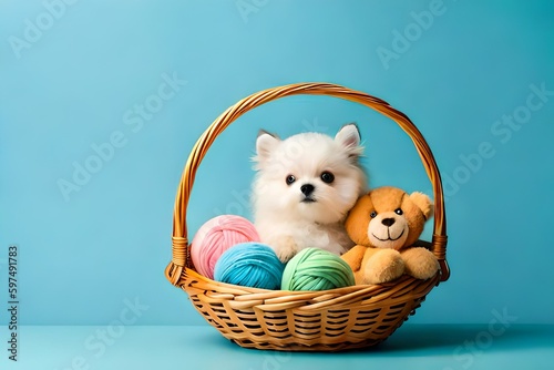 Soft plush children toys in the basket isolated on pastel blue background with copy space. Childhood, games, fun, donations concept