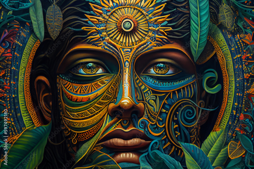 DMT visual imagery, colorful abstract mystical art, close up portrait of eyes on hallucinogenic psychedelics. Concept of shamanism and spiritual experience.