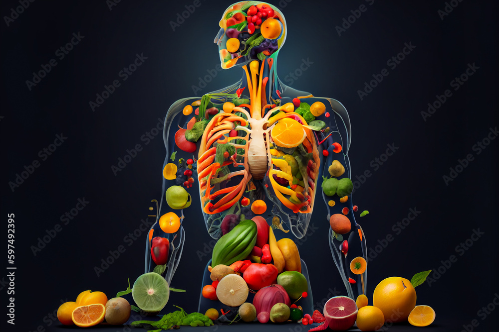 Illustration of human body made from fruits, vegetables and other healthy food. Concept of healthy living and lifestyle.