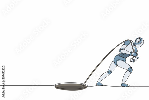 Single one line drawing robot trying hard pulling rope to drag something from hole. Future technology. Artificial intelligence and machine learning. Continuous line draw design vector illustration