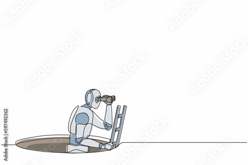 Single continuous line drawing robot climbs out of the hole by ladder and using binocular. Robotics artificial intelligence technology. Electronic technology. One line draw design vector illustration