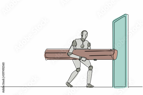 Single one line drawing robot holding large log to destroying door. Future technology development. Artificial intelligence and machine learning process. Continuous line draw design vector illustration