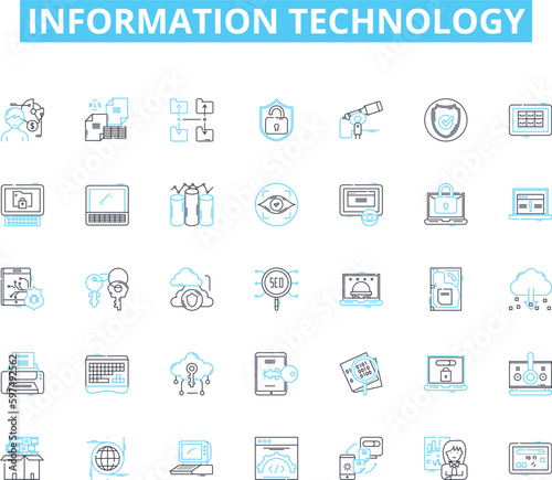 Information technology linear icons set. Digital, Nerk, Cloud, Cybersecurity, Coding, Analytics, Web line vector and concept signs. Database,Hardware,Software outline illustrations Generative AI