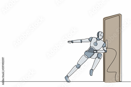 Single continuous line drawing robots running wants to break down the door. Modern robotics artificial intelligence technology. Electronic technology industry. One line draw design vector illustration