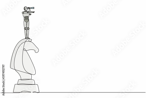 Single continuous line drawing robots on top of big horse chess piece using binocular. Modern robotics artificial intelligence technology. Electronic industry. One line draw graphic design vector