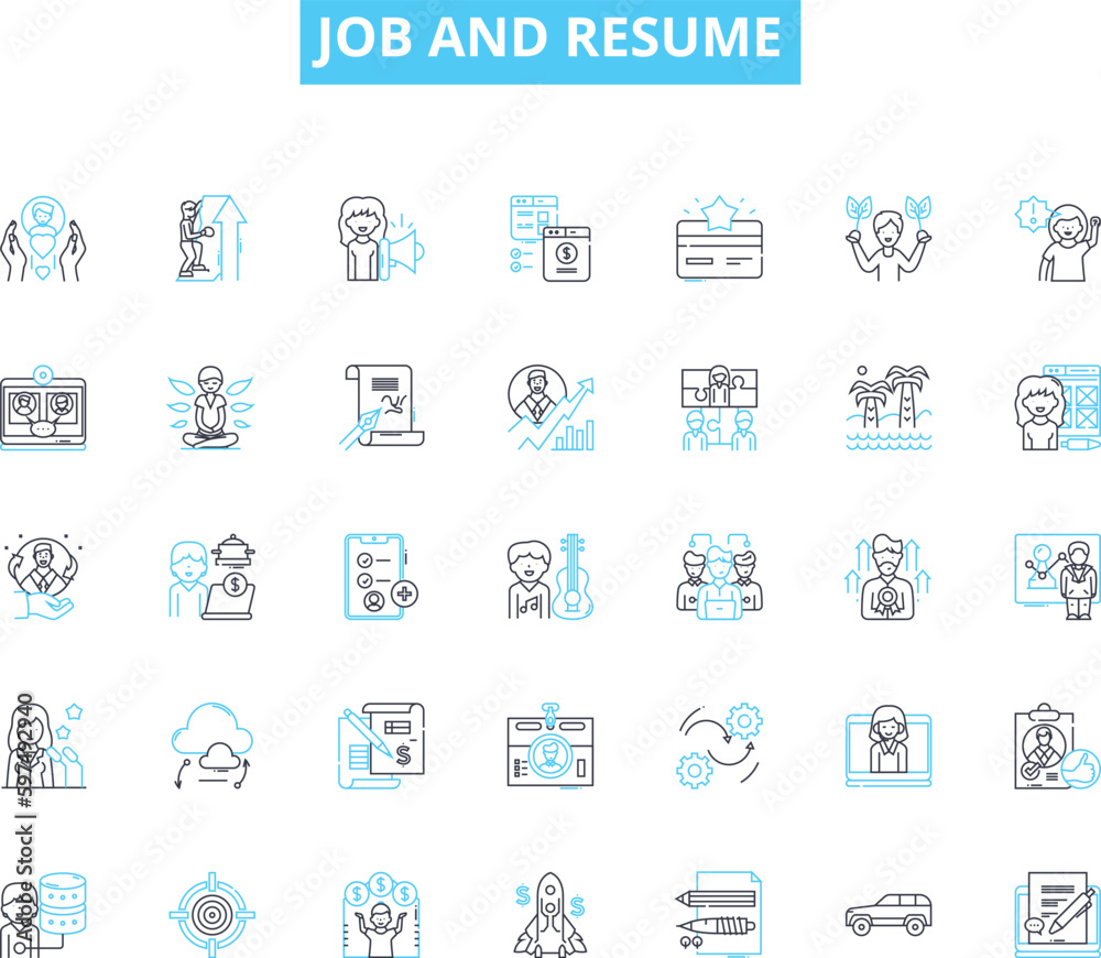 Job and resume linear icons set. Employment, Career, Application, Experience, Qualifications, Credentials, References line vector and concept signs. Skills,Accomplishments,Certifications Generative AI