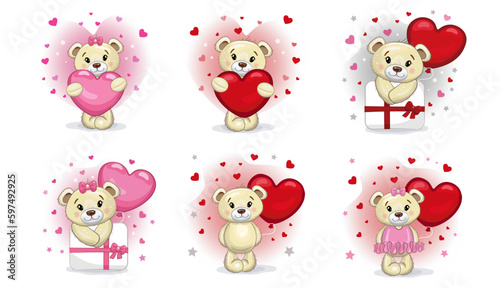 Cute Teddy bears love set. Cartoon style illustration. Teddy bear, present, heart isolated on white background.
