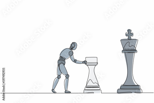 Single continuous line drawing robots push huge rook chess piece to take down king. Modern robotics artificial intelligence technology. Electronic technology industry. One line graphic design vector