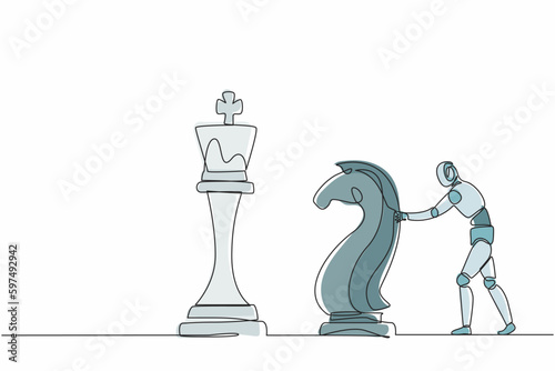 Continuous one line drawing robots push huge knight horse chess piece to take down king. Humanoid robot cybernetic organism. Future robotics development concept. Single line draw design vector graphic