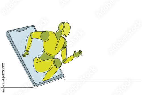 Single continuous line drawing robots come out from cellular phone with runner pose. Modern robotics artificial intelligence technology. Electronic technology industry. One line graphic design vector