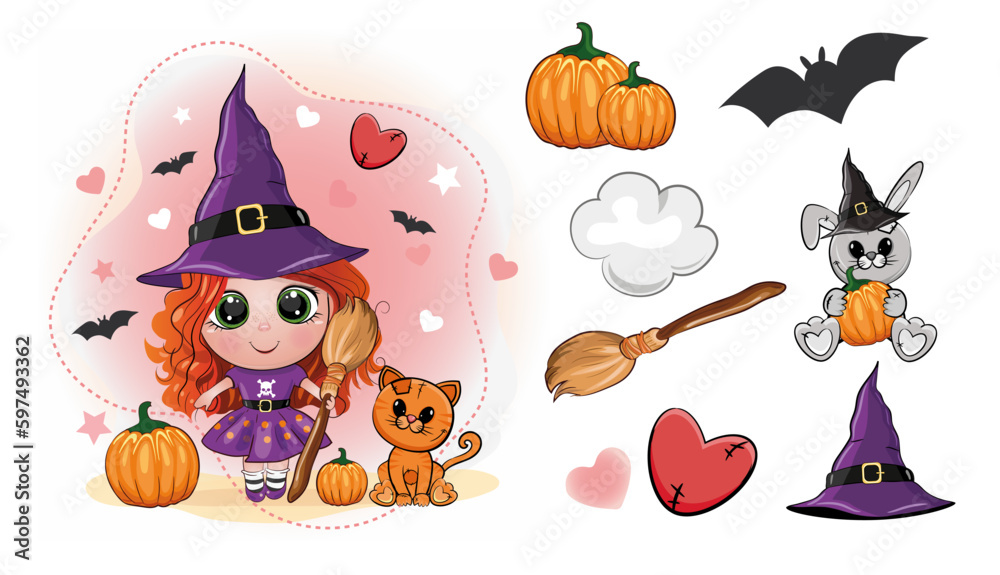 Fototapeta premium Set of halloween elements in cartoon style. Design of witch, creepy and spooky elements for halloween decorations, sketch, icon. Hand drawn vector isolated on white background.