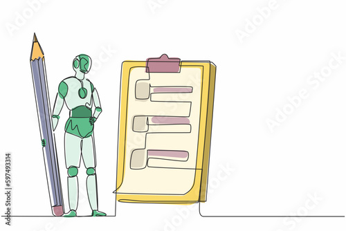 Single continuous line drawing robots holding big pencil and looking clipboard. Modern robotics artificial intelligence technology. Electronic technology industry. One line draw graphic design vector