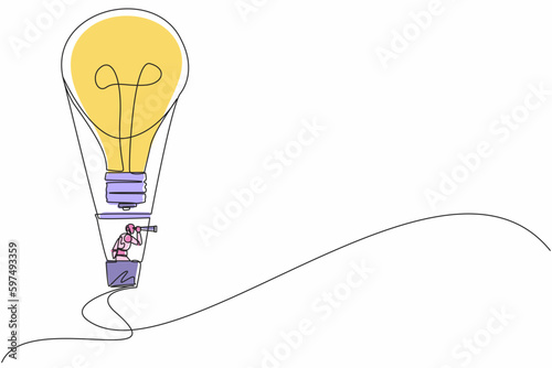 Continuous one line drawing robots using monocular, flying with hot air balloon lightbulb. Humanoid robot cybernetic organism. Future robotics development. Single line draw design vector illustration