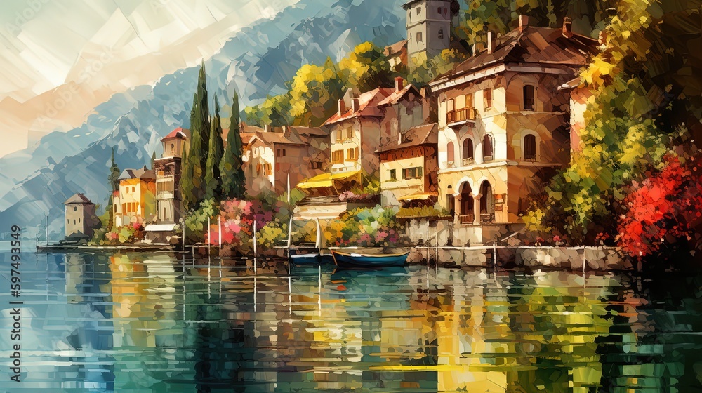 Fototapeta premium illustration of rural countryside hill village with panorama nature landscape, Generative Ai