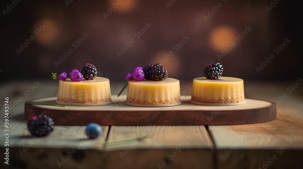 close up cute mini cheese cake on wooden board with copy space, spring summer dessert, Generative Ai