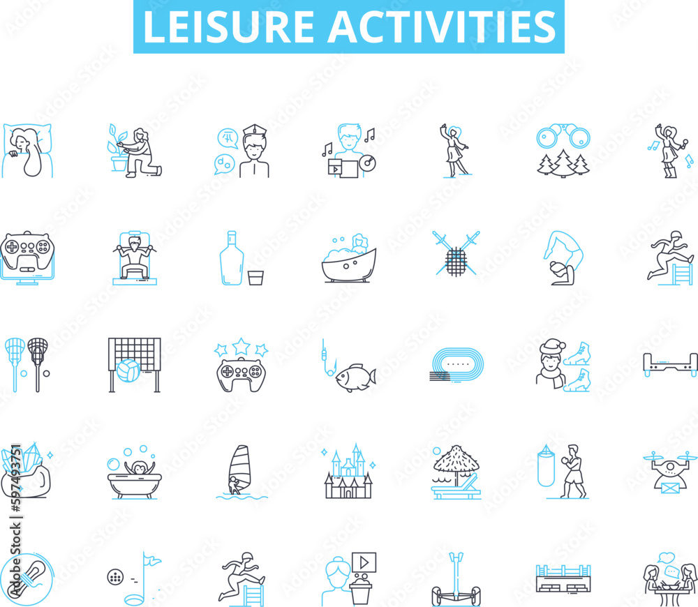 Leisure activities linear icons set. Hiking, Camping, Swimming, Biking, Surfing, Skiing, Fishing line vector and concept signs. Hunting,Reading,Writing outline illustrations Generative AI Leisure activities linear icons set. Hiking, Camping, Swimming, Biking, Surfing, Skiing, Fishing line vector and concept signs. Hunting,Reading,Writing outline illustrations Generative AI