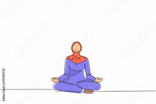 Continuous one line drawing Arabian businesswoman doing yoga. Office worker sitting in yoga pose, meditation, relaxing, calm down and manage stress. Single line draw design vector graphic illustration