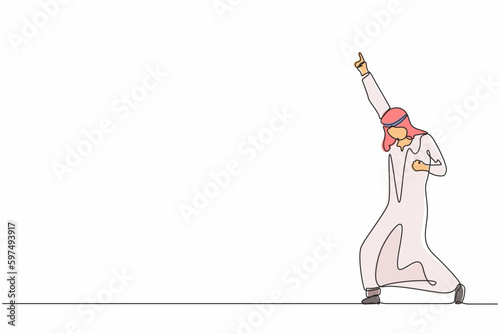 Continuous one line drawing happy Arab businessman standing with raise one hand and the other hand pose yes. Office worker celebrate success of company project. Single line draw design vector graphic