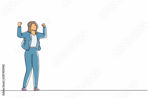 Continuous one line drawing happy businesswoman standing with raised her clenched hands. Female manager celebrating success of increasing company product sales. Single line draw design vector graphic