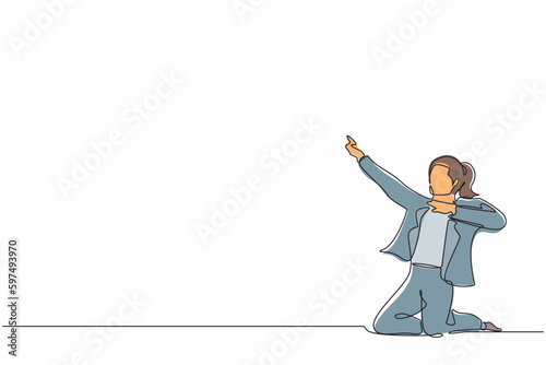 Continuous one line drawing happy businesswoman kneeling with celebrating goal pose. Female manager celebrating the success of increasing company product sales. Single line draw design vector graphic
