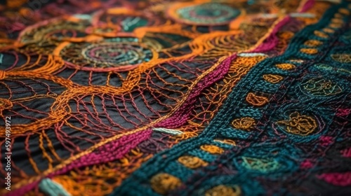 Intricate stitches in fabric from colored threads. AI generated