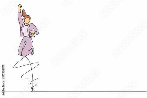 Single continuous line drawing happy businesswoman jump with folds one leg and raises one hand. Female manager celebrating success of increasing company product sales. One line graphic design vector
