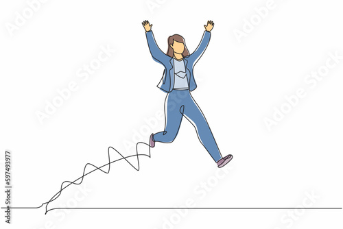 Single continuous line drawing happy businesswoman jump with both hands raised. Young saleswoman celebrates salary increase and benefits from company. One line draw graphic design vector illustration