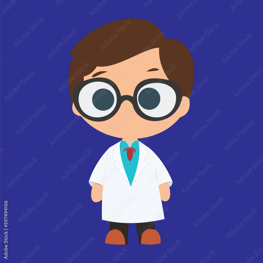 2D Chibi Cartoon Doctor Professor Wearing Glasses Standing with blue background