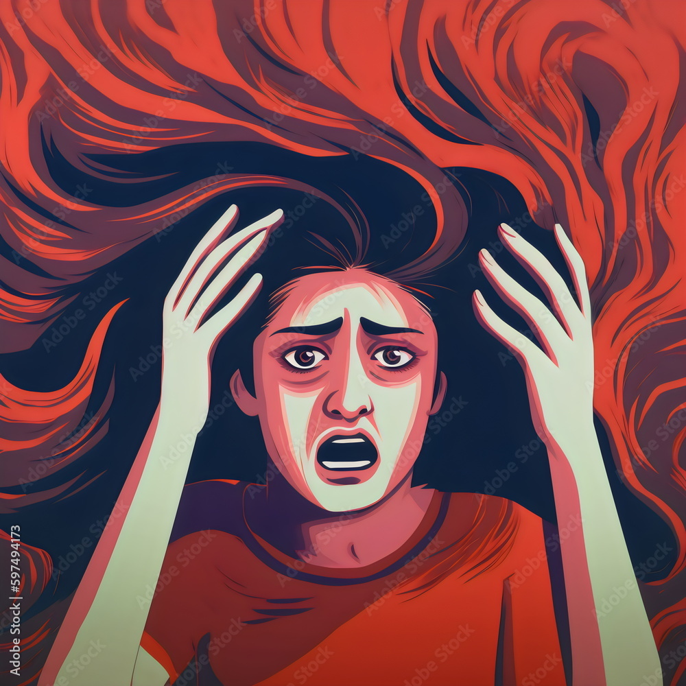 illustration of overwhelmed woman suffering from stress and burnout with hands in wild hair, created with generative ai	