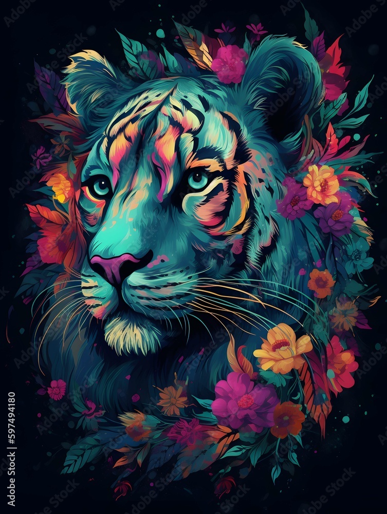 Tiger mit bunten Farben und Blumen