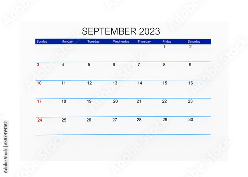 The September 2023 Calendar page for 2023 year isolated on white background, Saved clipping path.