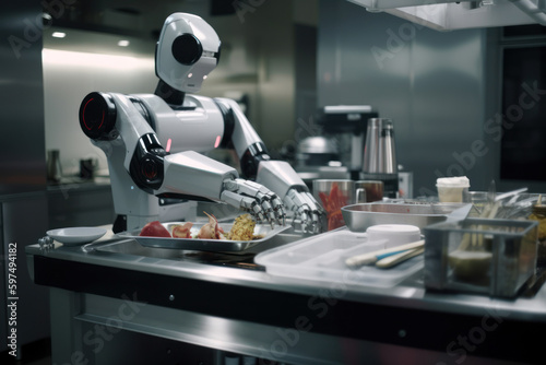 Robot as a chef in a restaurant kitchen, created with Generative AI technology