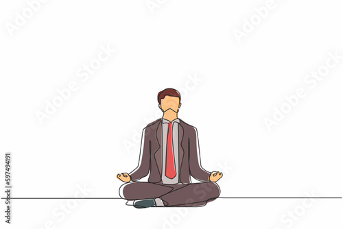Single continuous line drawing businessman doing yoga. Office worker sitting in yoga pose, meditation, relaxing, calm down and manage stress. Dynamic one line draw graphic design vector illustration