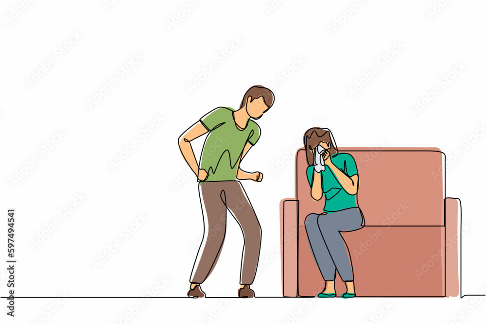 Single continuous line drawing man abusing woman. Young couple quarrel