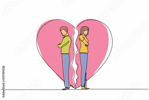 Continuous one line drawing unhappy young couple standing arms crossed. Family conflict. Break up relationship. Married couple man woman angry, sad against broken heart. Single line draw design vector