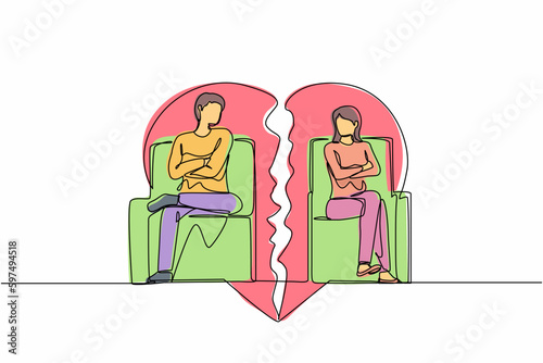 Single continuous line drawing unhappy stubborn couple sit separate on cut couch have family fight or quarrel. Angry mad man and woman lovers avoid ignore talking. One line draw graphic design vector