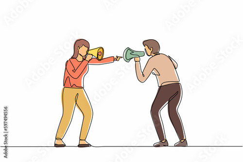 Single continuous line drawing man and woman hold loudspeakers scream at each other engaged in family fight. Stubborn angry husband and wife yell shout in megaphones. One line graphic design vector
