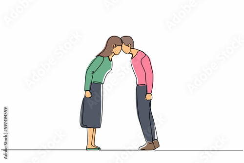 Continuous one line drawing couple man and woman arguing scream at each other engaged in family fight. Stubborn angry husband and wife yell shout, argue quarrel at home. Single line draw design vector