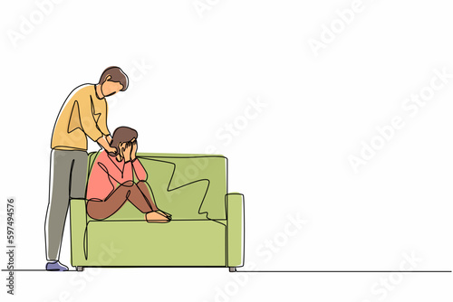 Continuous one line drawing man giving support and comfort to depressed crying woman, touching shoulders, helping to go through stress and anxiety. Empathy. Single line draw design vector illustration