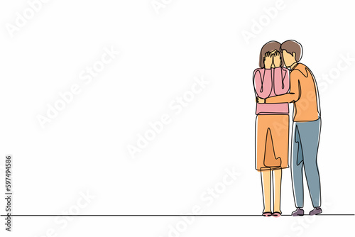 Single one line drawing man comforting her crying best friend. Depressed woman covering face with hands, her husband consoling, care about her. Help and support. Continuous line graphic design vector