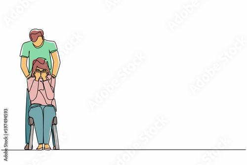 Single one line drawing man comforting crying woman and touching her shoulders. Female suffering from anxiety, loneliness, trying to cope with depression or loss. Continuous line graphic design vector