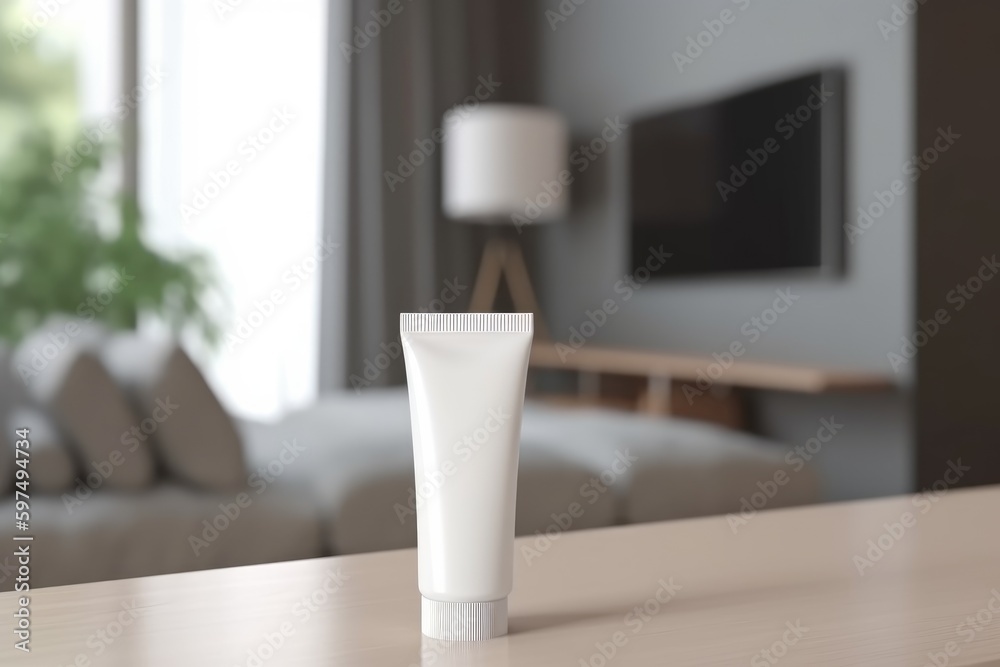 Blank white cosmetic tube mockup with living room background generative AI Blank white cosmetic tube mockup with living room background generative AI