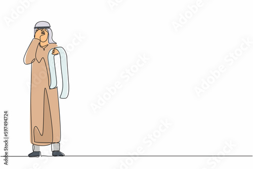 Continuous one line drawing financial problems and bankruptcy. Sad depressed Arabian businessman standing thinking about finding money for paying bills during crisis. Single line graphic design vector