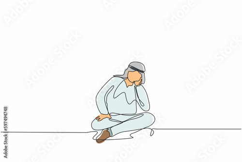 Single one line drawing Arab businessman who is asking questions or is confused because he gets into problem. Running out of ideas, daydreaming, sad, depressed. Continuous line design graphic vector